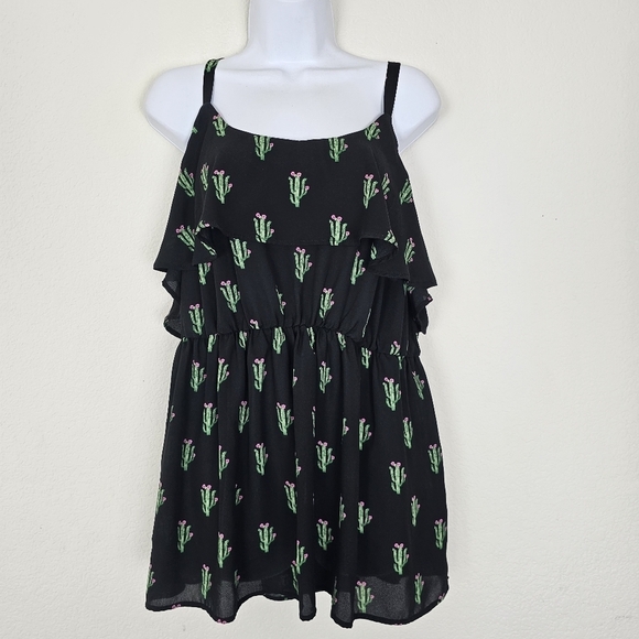 Torrid 0X Cactus Print Ruffle Chiffon Tank Top Black Green Adjustable Straps - Picture 2 of 12